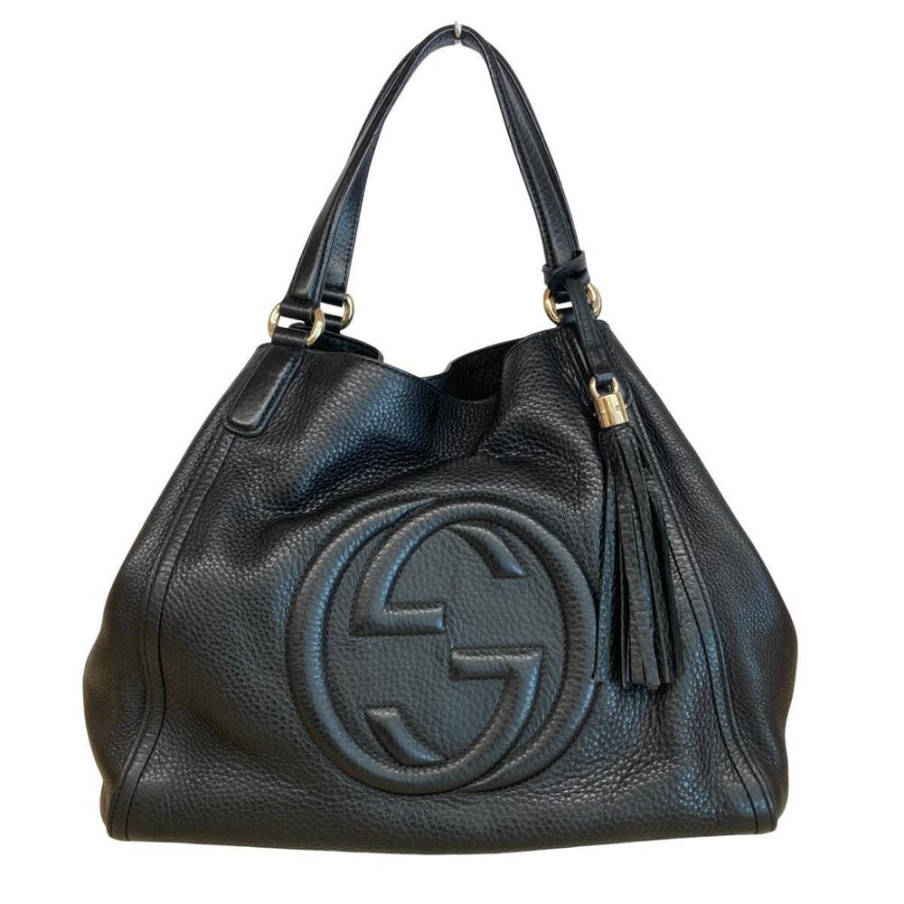 GUCCI Soho Shoulder Bag Fringe Tassel Interlocking GG Leather Black Tote - Picture 1 of 6